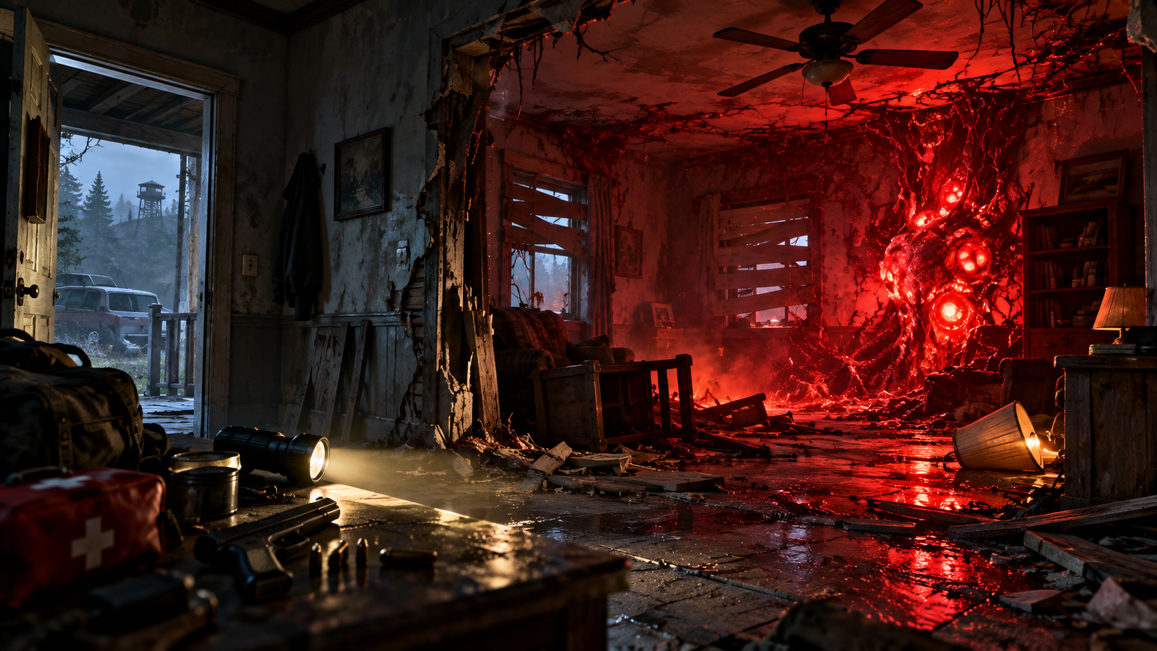 A Plague Heart glowing inside a dark building